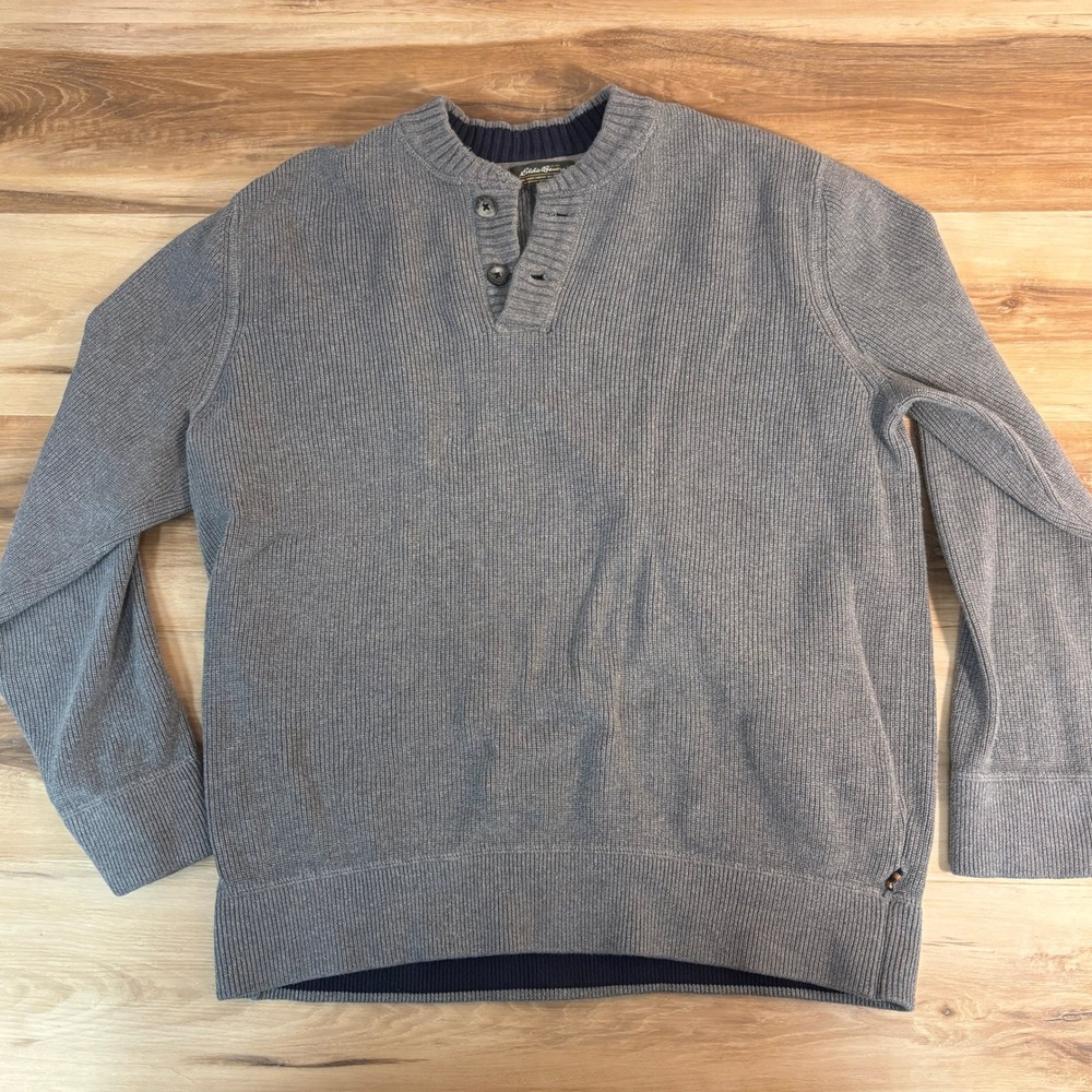 Vintage Eddie Bauer Sweater Mens XL Gray Ribbed Cotton Henley Y2K